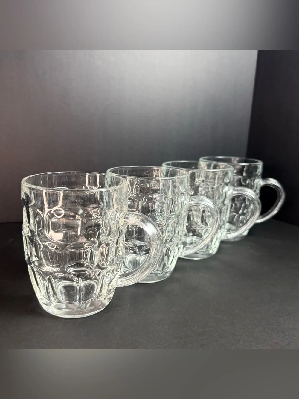 Vintage SET of 4 VINTAGE LUMINARC FRANCE CLEAR GLASS THUMBPRINT BEER MUGS 5